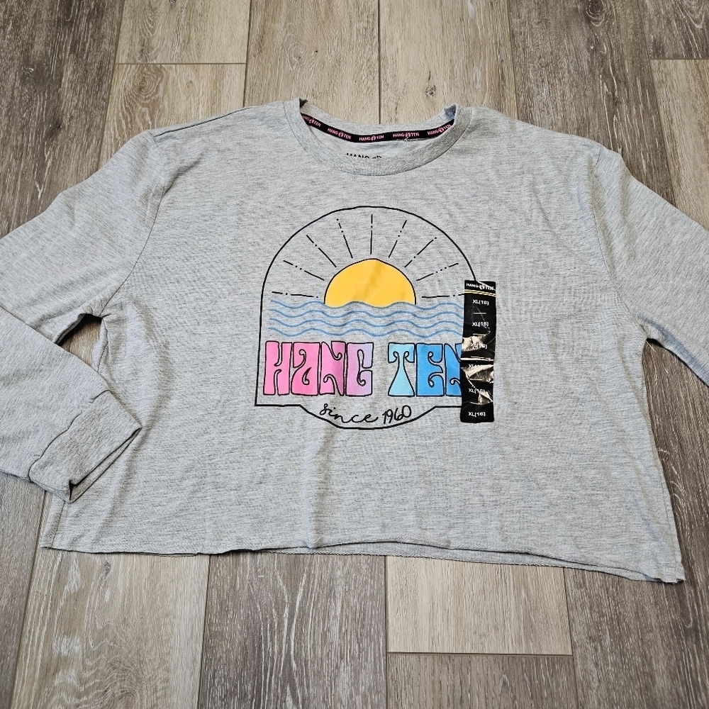 Hang Ten Graphic Long Sleeve Boxy Tee Shirt Grey Children Girls XL Casual